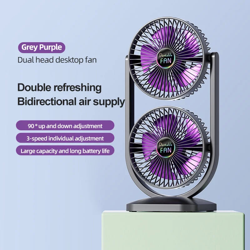 Purple Dual Head USB Rechargeable Desk Fan - Portable
