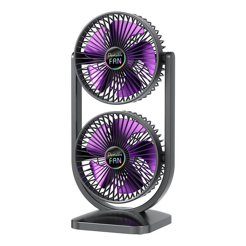 Purple Dual Head USB Rechargeable Desk Fan - Portable