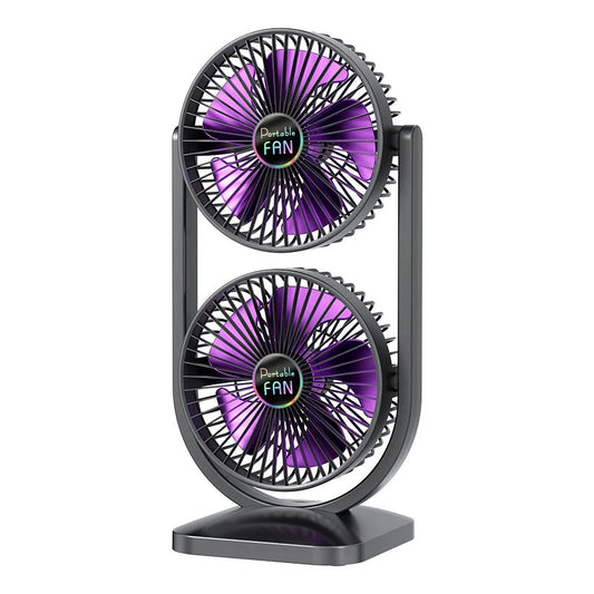 Purple Dual Head USB Rechargeable Desk Fan - Portable