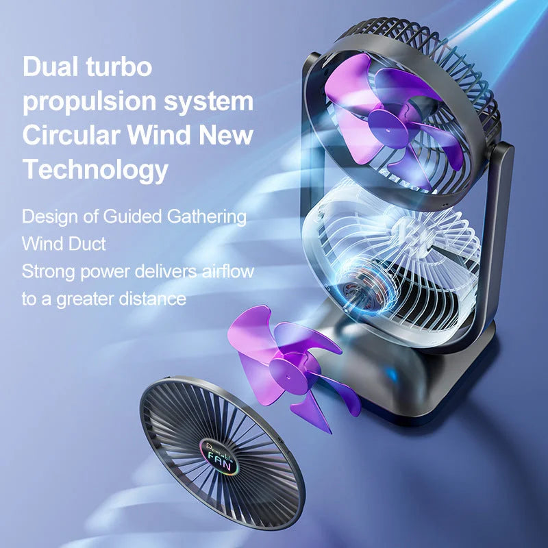 Purple Dual Head USB Rechargeable Desk Fan - Portable