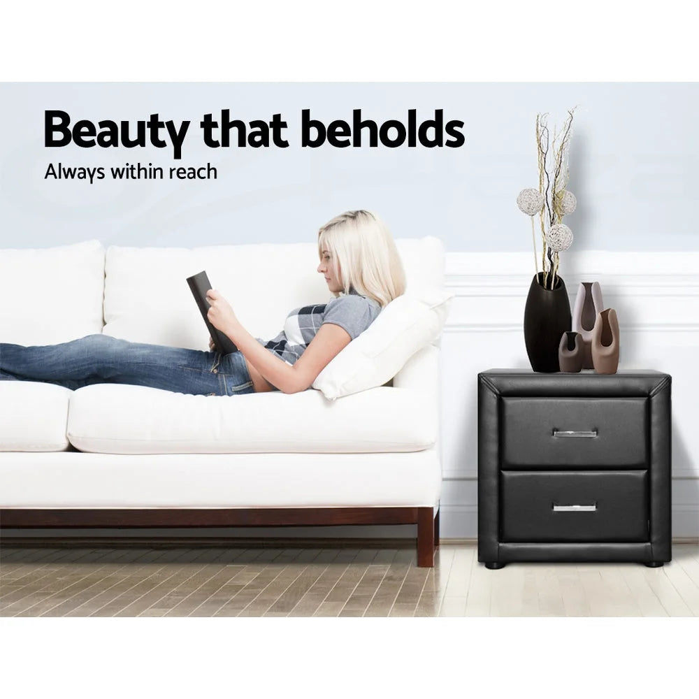 PVC Leather Bedside Table Black - Bedroom
