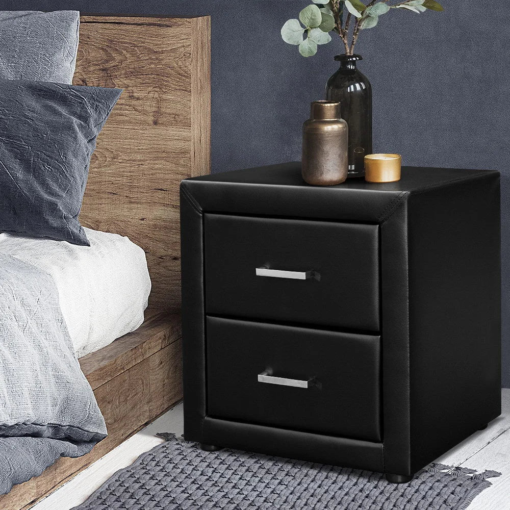 PVC Leather Bedside Table Black - Bedroom