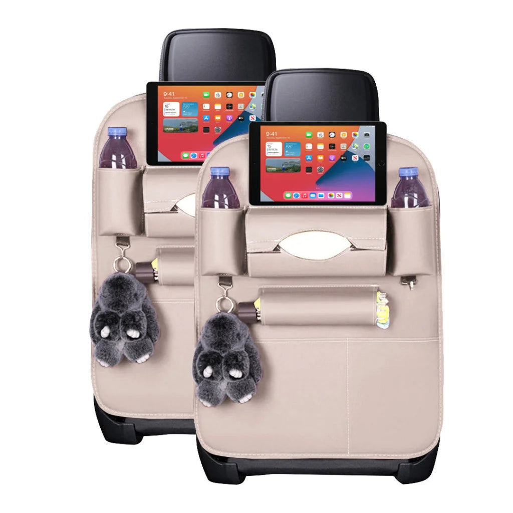 PVC Leather Car Back Seat Storage Bag 2X Multi-Pocket Organizer Backseat & iPad Mini Holder White