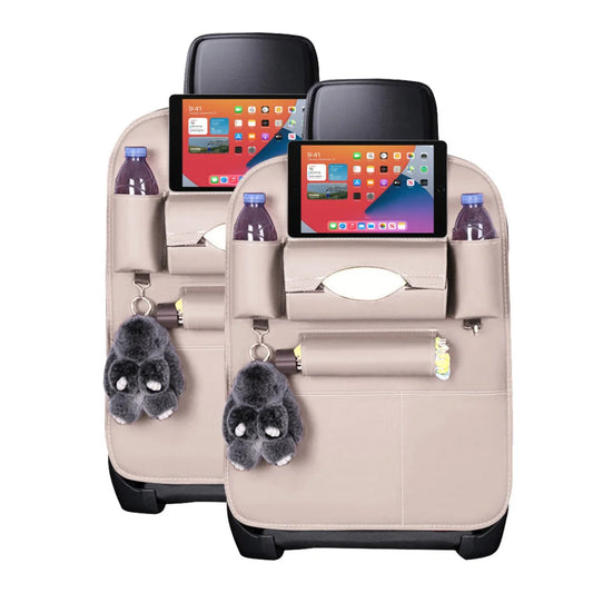 PVC Leather Car Back Seat Storage Bag 2X Multi-Pocket Organizer Backseat & iPad Mini Holder White