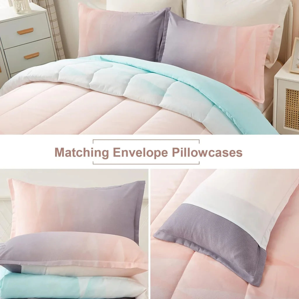 Queen Size Girls Comforter Set Ombre Blue Pink Rainbow