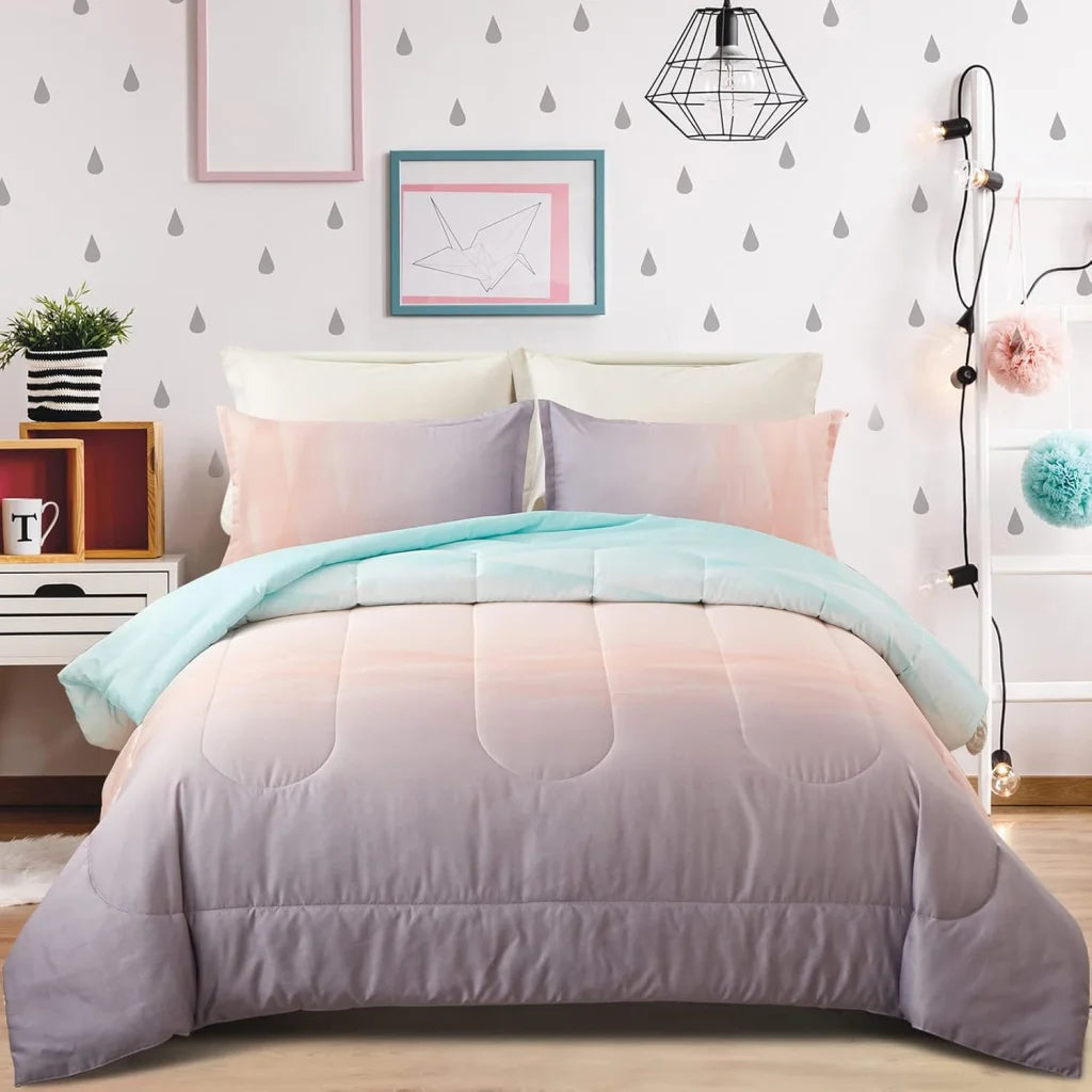 Queen Size Girls Comforter Set Ombre Blue Pink Rainbow