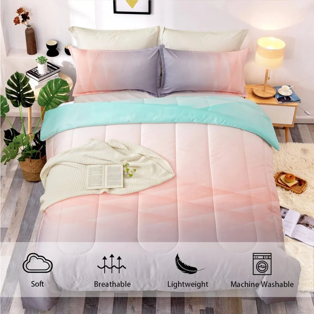Queen Size Girls Comforter Set Ombre Blue Pink Rainbow