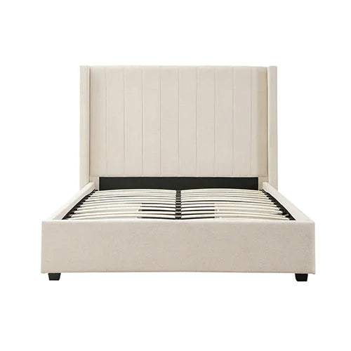 Queen Size High Rise Headboard Beige Fabric Bed Frame