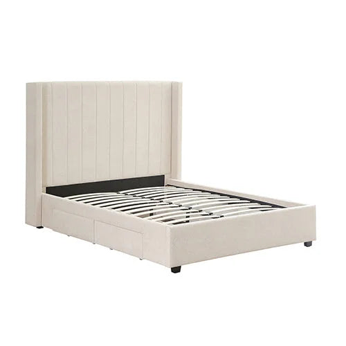 Queen Size High Rise Headboard Beige Fabric Bed Frame