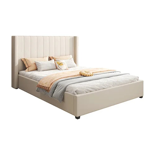 Queen Size High Rise Headboard Beige Fabric Bed Frame