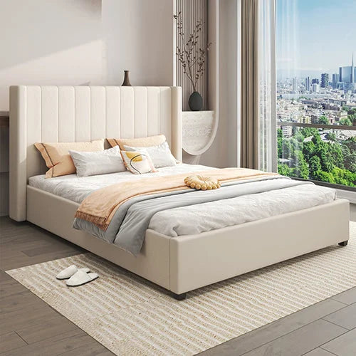 Queen Size High Rise Headboard Beige Fabric Bed Frame