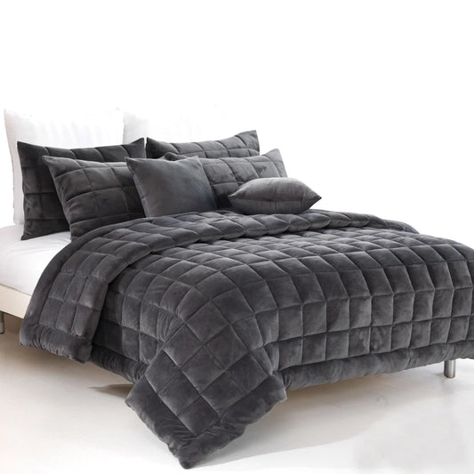 Quilt Comforter Set Augusta Faux Mink Charcoal Queen - Home