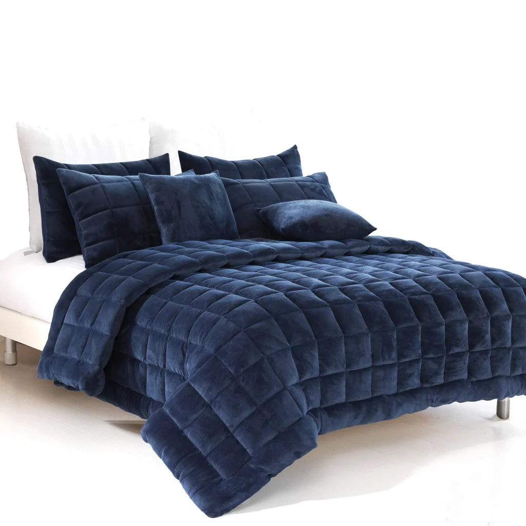 Quilt Comforter Set Augusta Faux Mink Navy Super King