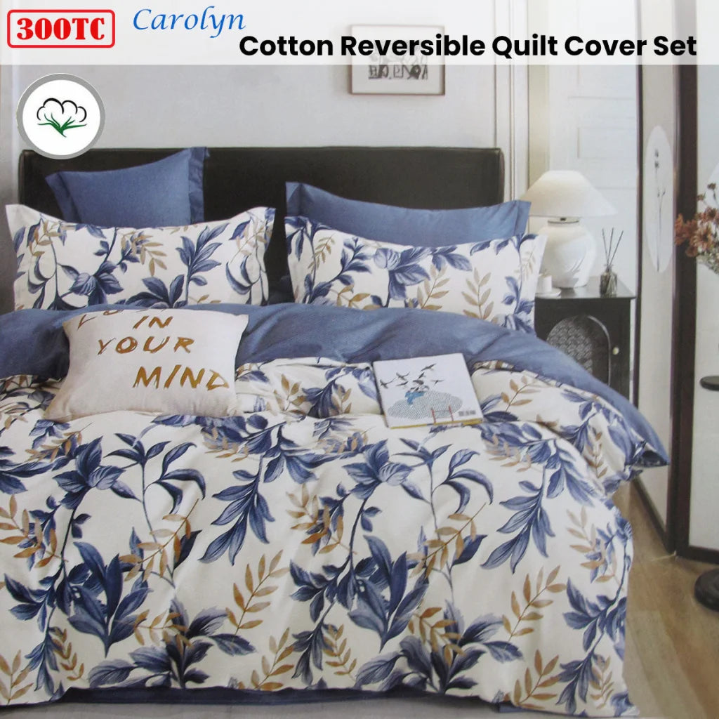 Quilt Cover Set 300TC Carolyn Blue Reversible Cotton