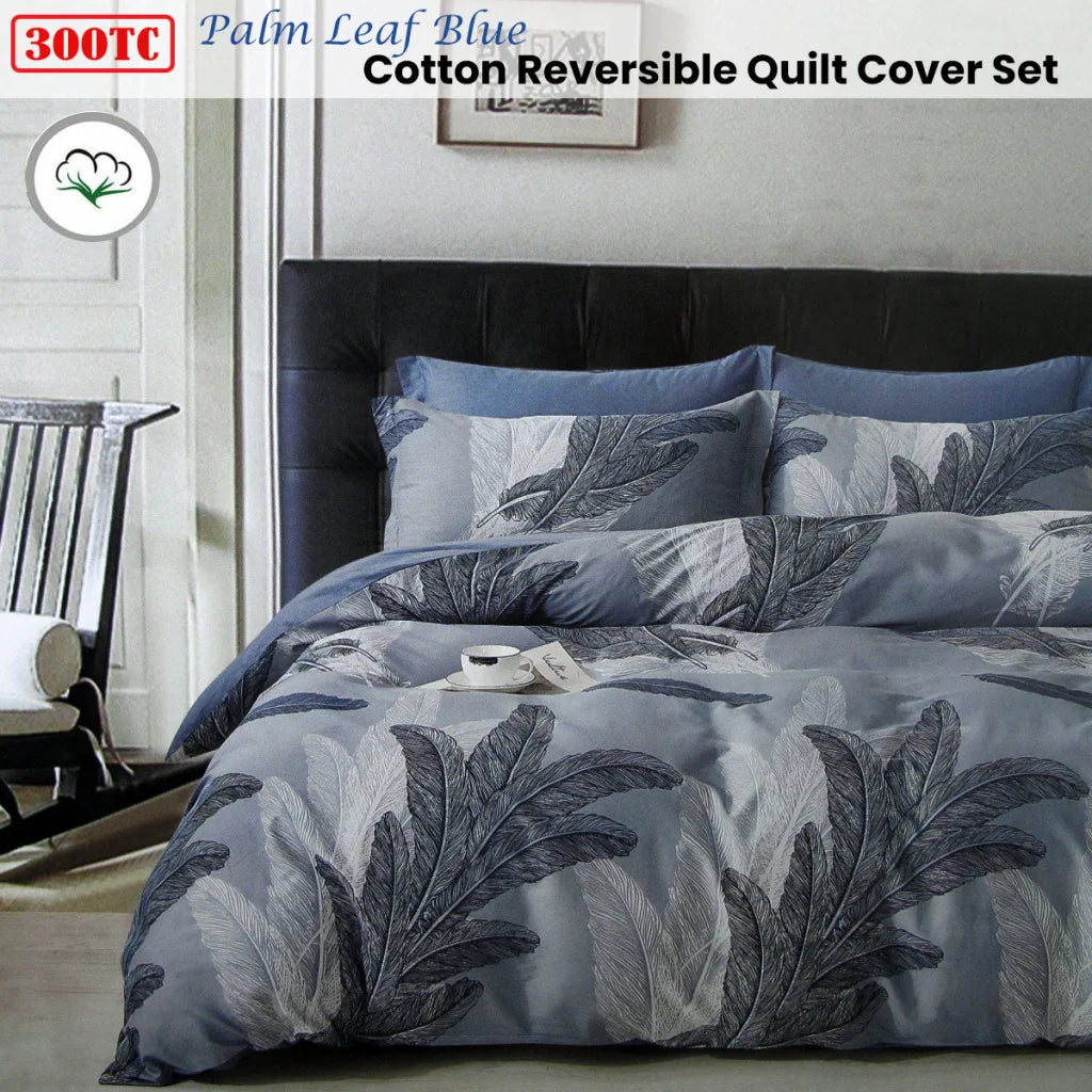Quilt Cover Set 300TC Palm Leaf Blue Reversible Cotton