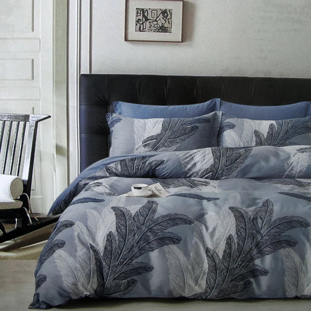Quilt Cover Set 300TC Palm Leaf Blue Reversible Cotton