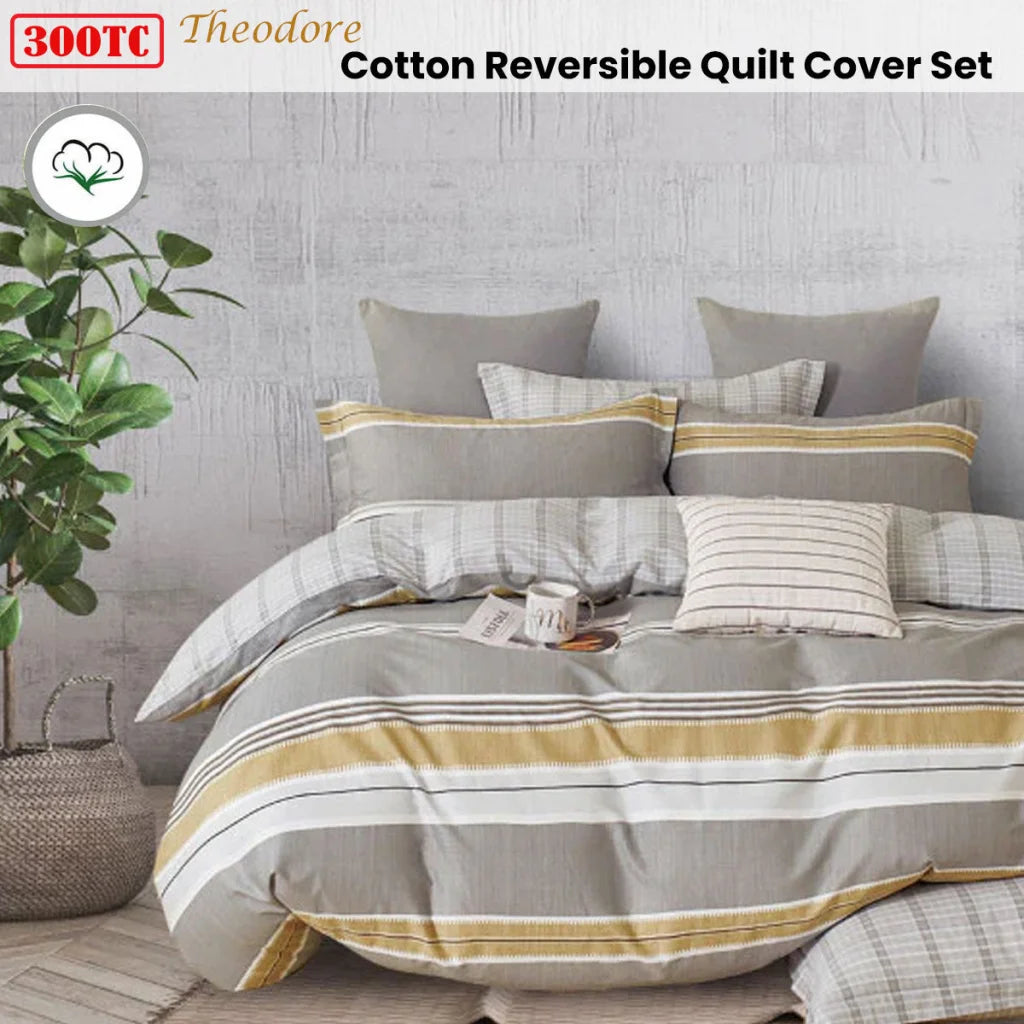 Quilt Cover Set 300TC Theodore Grey Reversible Cotton
