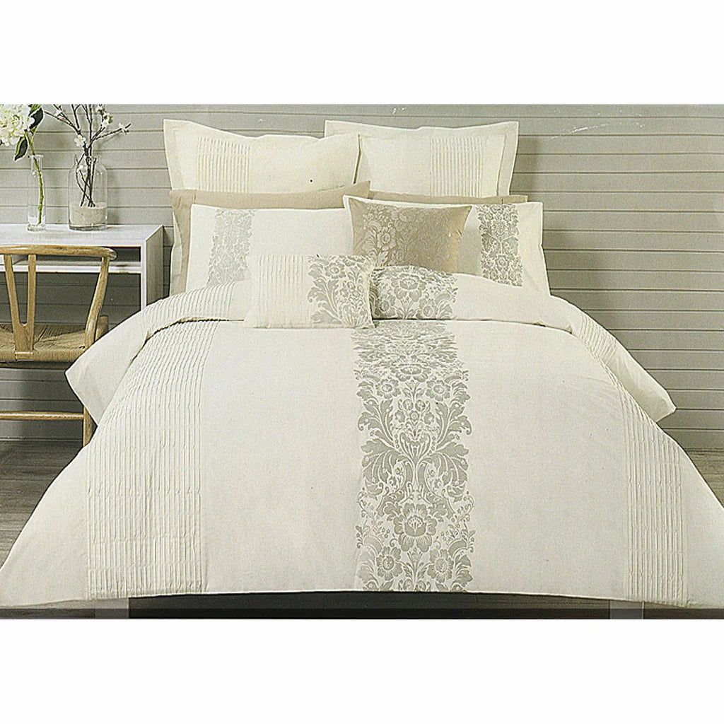 Quilt Cover Set Catherine Cream Taupe Embroidery QUEEN