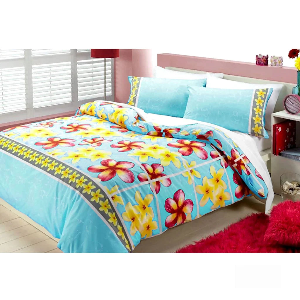 Quilt Cover Set Floating Frangipani Aqua Single - Home &