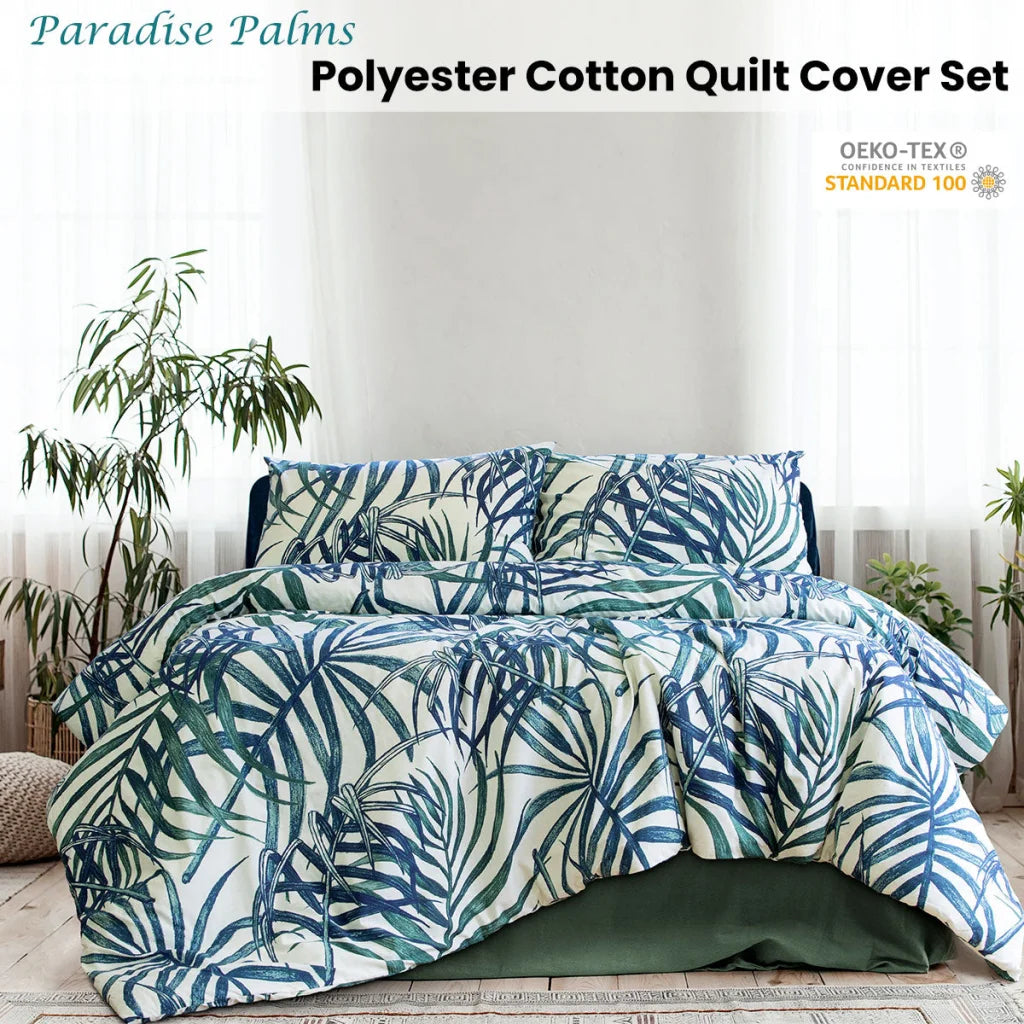 Quilt Cover Set Palms Blue Polyester Cotton Queen - Ardor