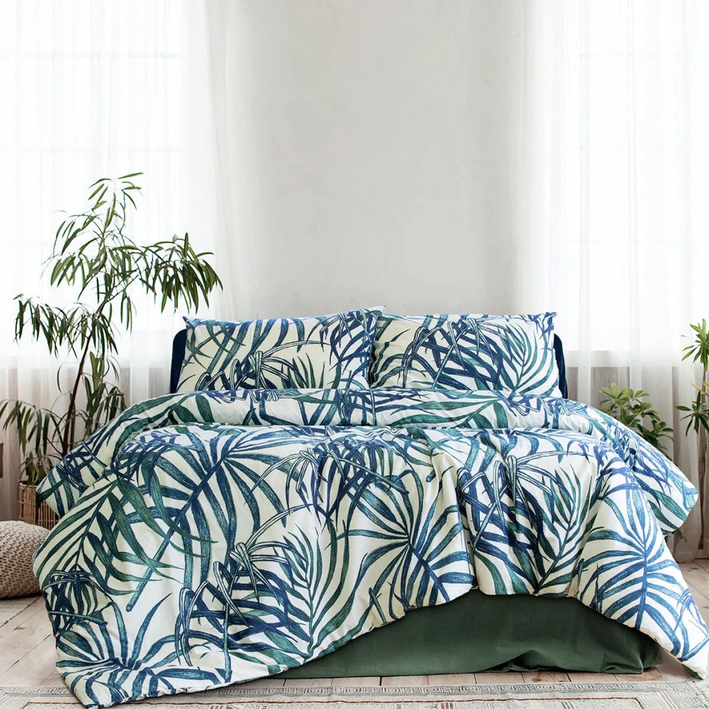 Quilt Cover Set Palms Blue Polyester Cotton Queen - Ardor