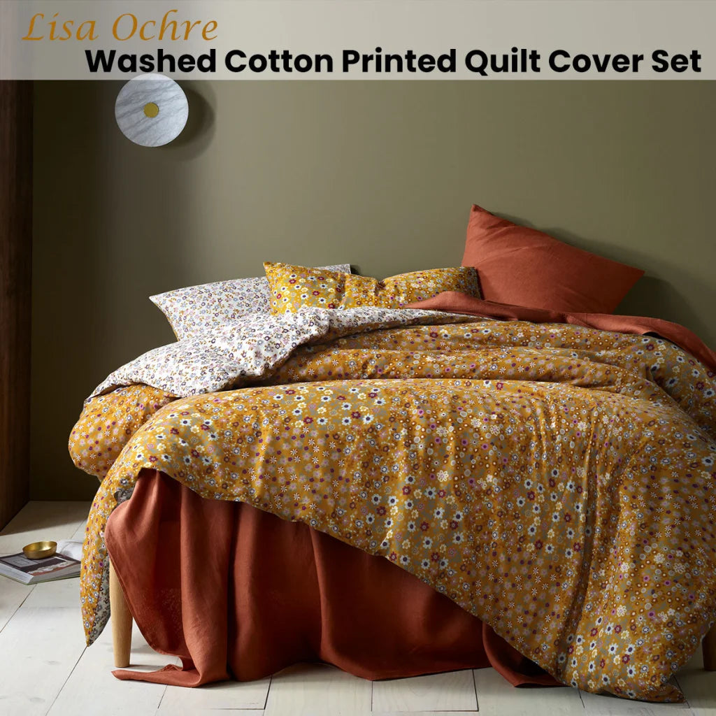 Quilt Cover Set Queen Accessorize Lisa Ochre Washed Cotton