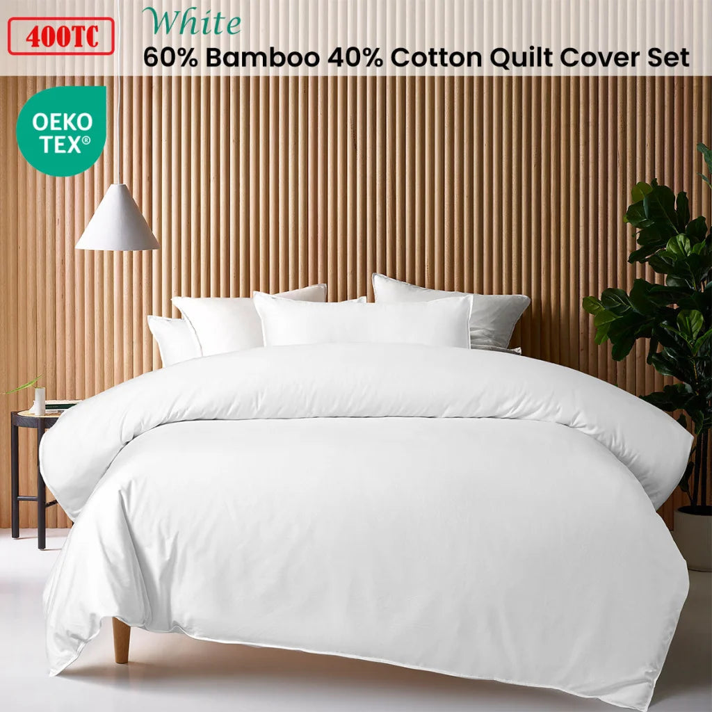 Quilt Cover Set Queen Accessorize White 400TC Bamboo Cotton