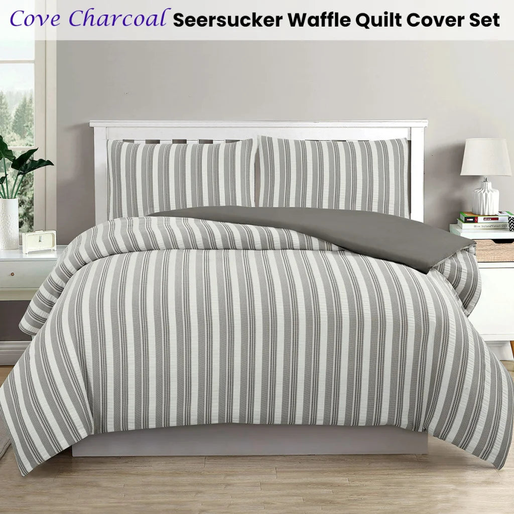 Quilt Cover Set Queen - Ardor Cove Charcoal Seersucker