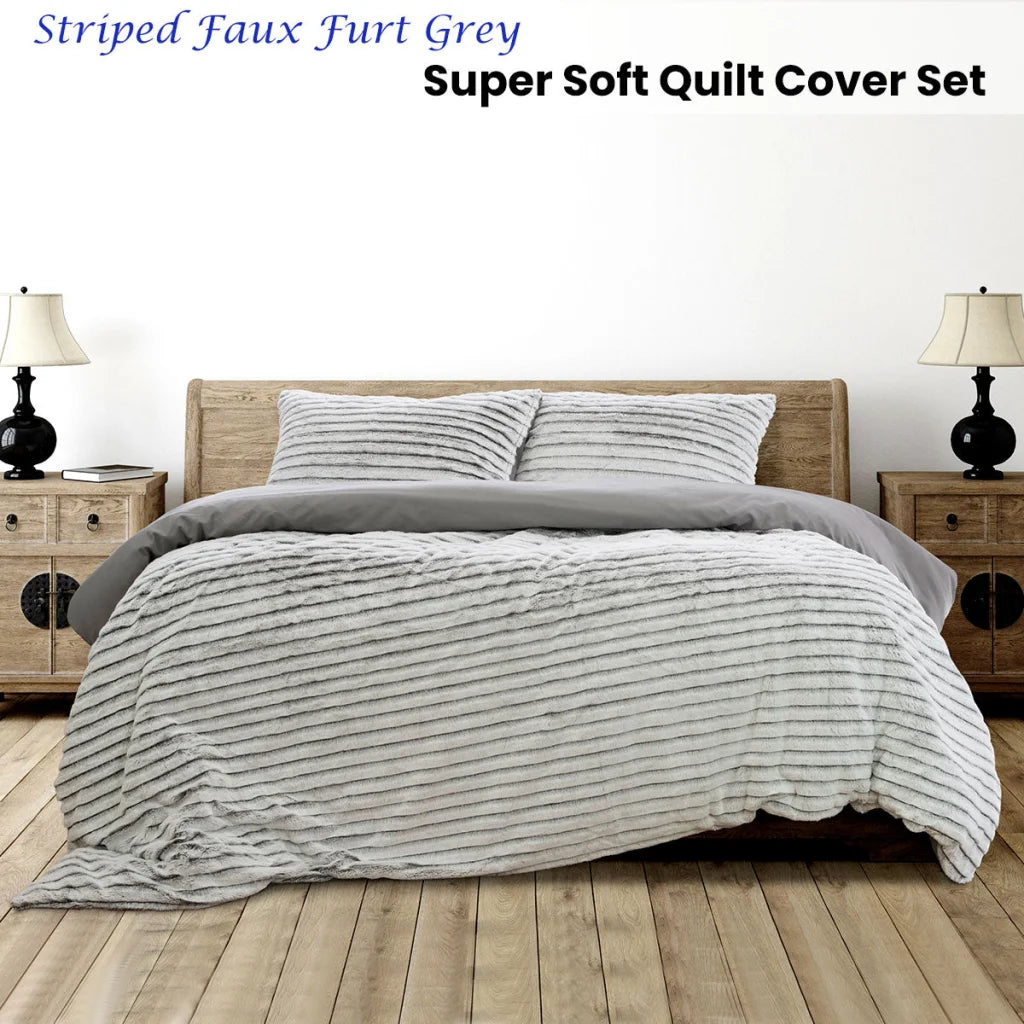 Quilt Cover Set Queen - Ardor Striped Faux Fur Grey Super