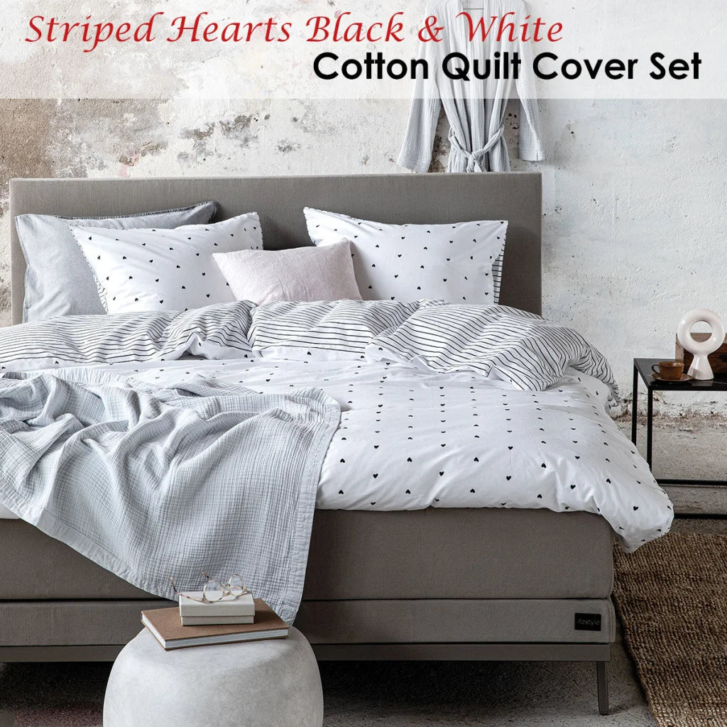 Quilt Cover Set VTWonen Striped Hearts Black & White Cotton