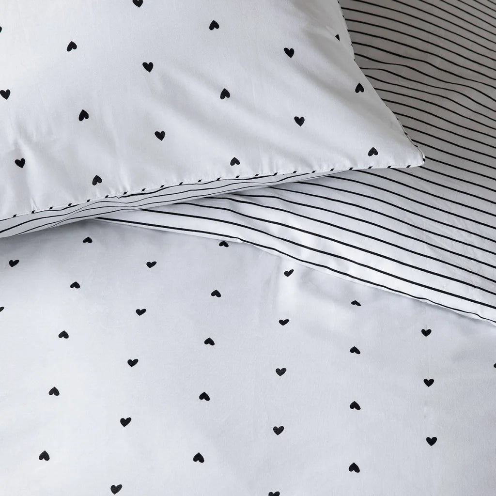 Quilt Cover Set VTWonen Striped Hearts Black & White Cotton