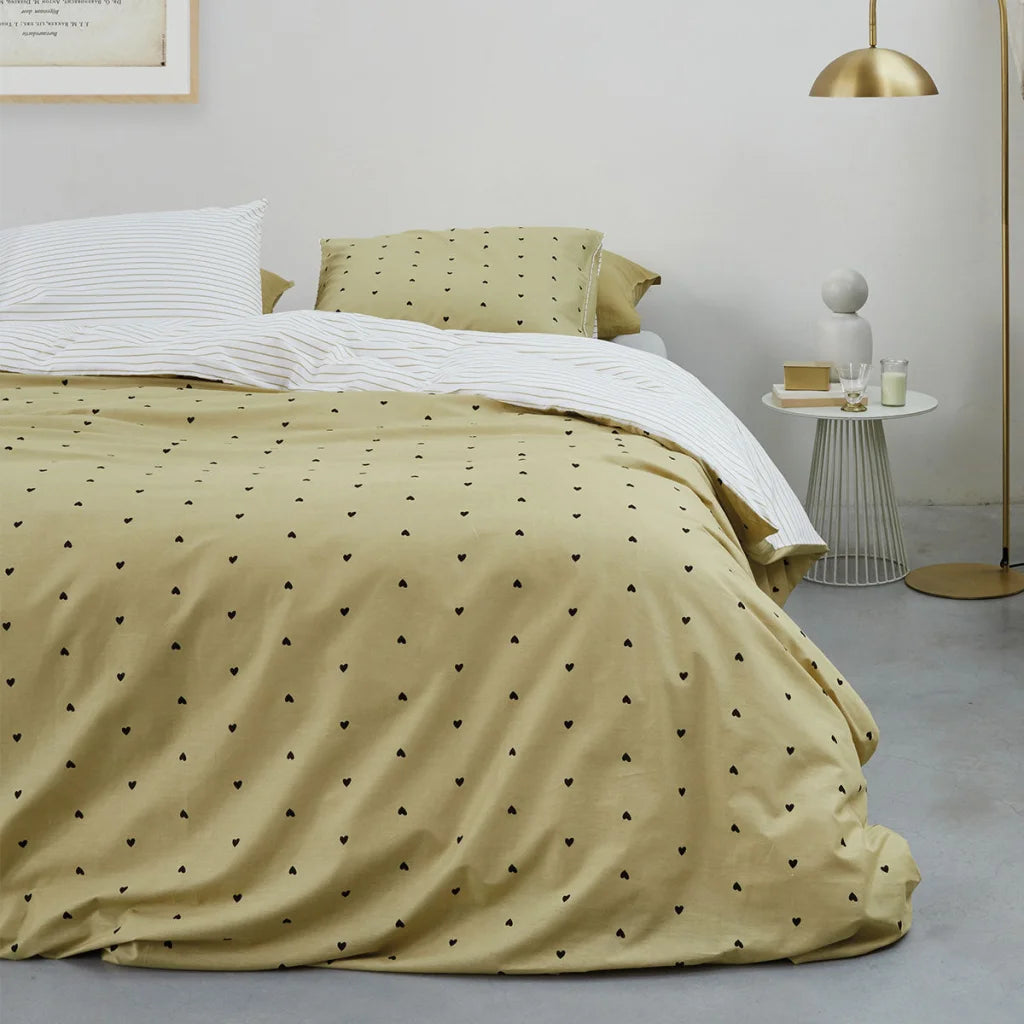 Quilt Cover Set VTWonen Striped Hearts Yellow Cotton - King