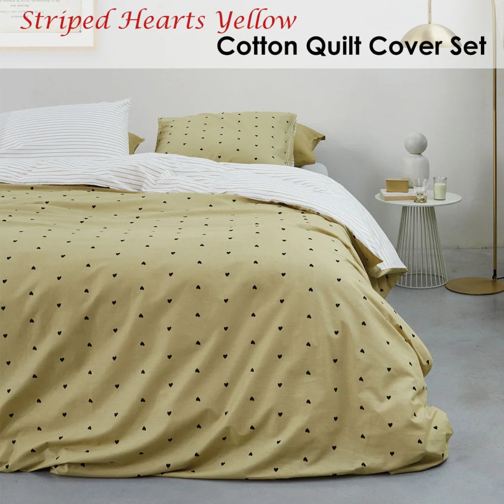 Quilt Cover Set VTWonen Striped Hearts Yellow Cotton - King