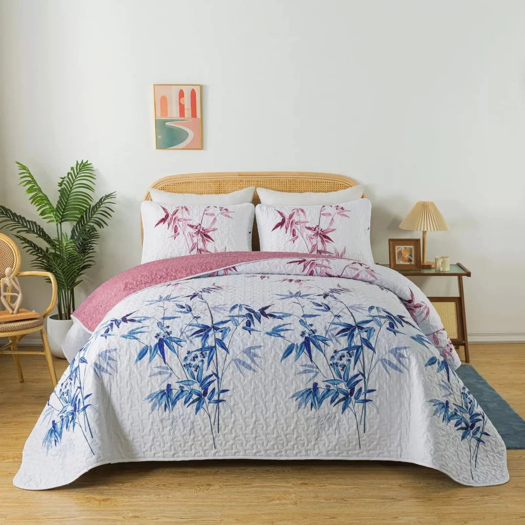 Quilted Bedspread & Pillowcases Set - Floral Embrace Nature