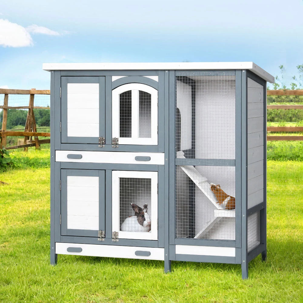 Rabbit Hutch Large Wooden House Run Cage 98x45x92cm Chicken