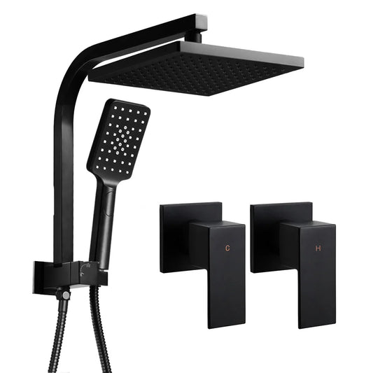 Black shower head with polished finish and connector fittings
