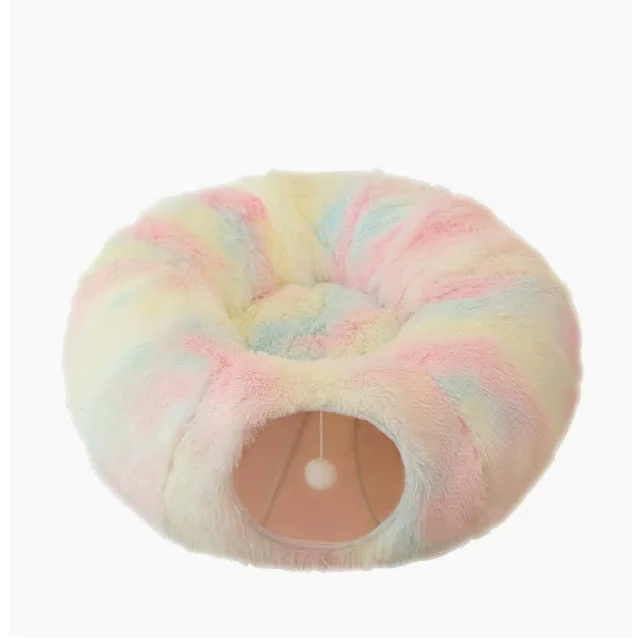 Rainbow Luxury Plush Cat Bed with Hidden Tunnel - Soft
