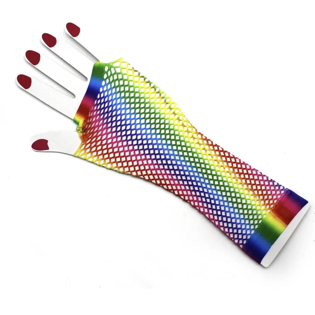Rainbow Stripe Fishnet Fingerless Gloves 80s Costume