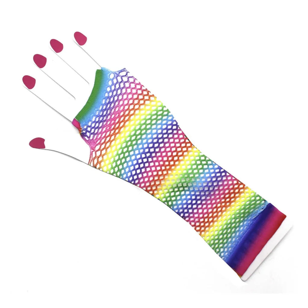 Rainbow Stripe Fishnet Fingerless Gloves 80s Costume