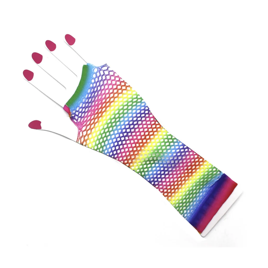 Rainbow Stripe Fishnet Fingerless Gloves 80s Costume