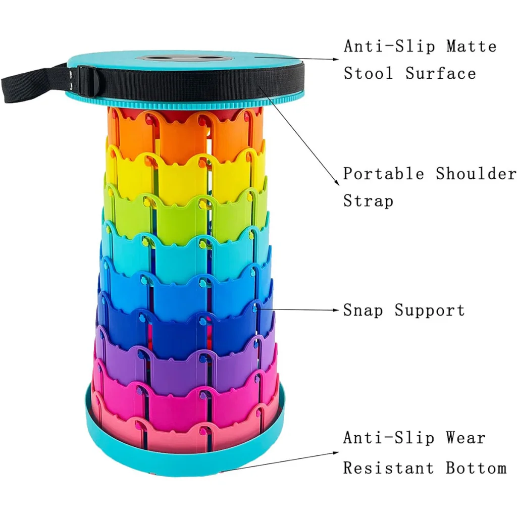 Blue folding stool with collapsible plastic rings and carry strap