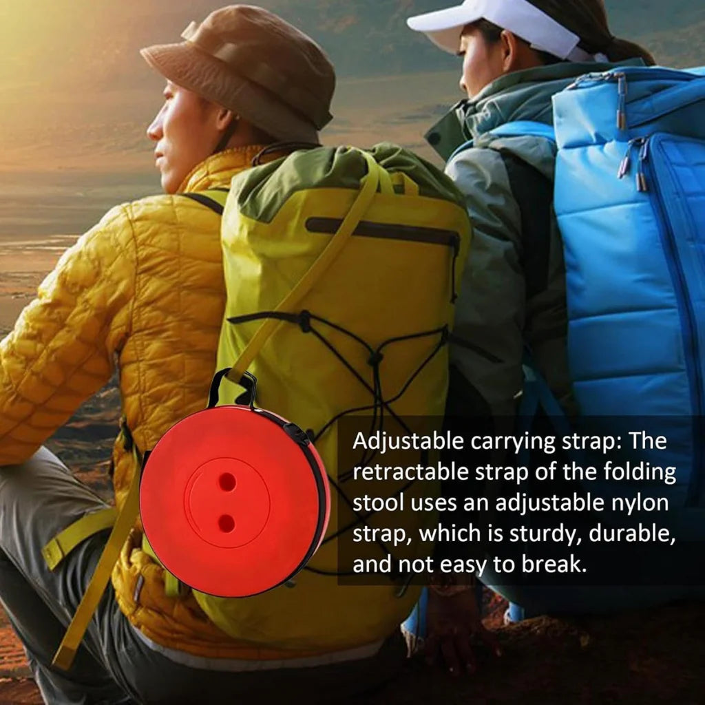 Folding stool with collapsible plastic rings and carry strap
