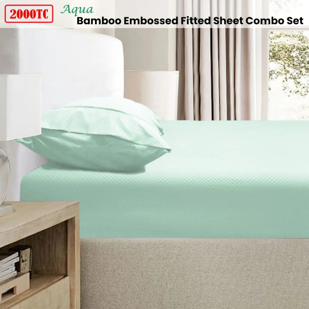 Ramesses 2000TC Bamboo Embossed Fitted Sheet Combo Set Aqua