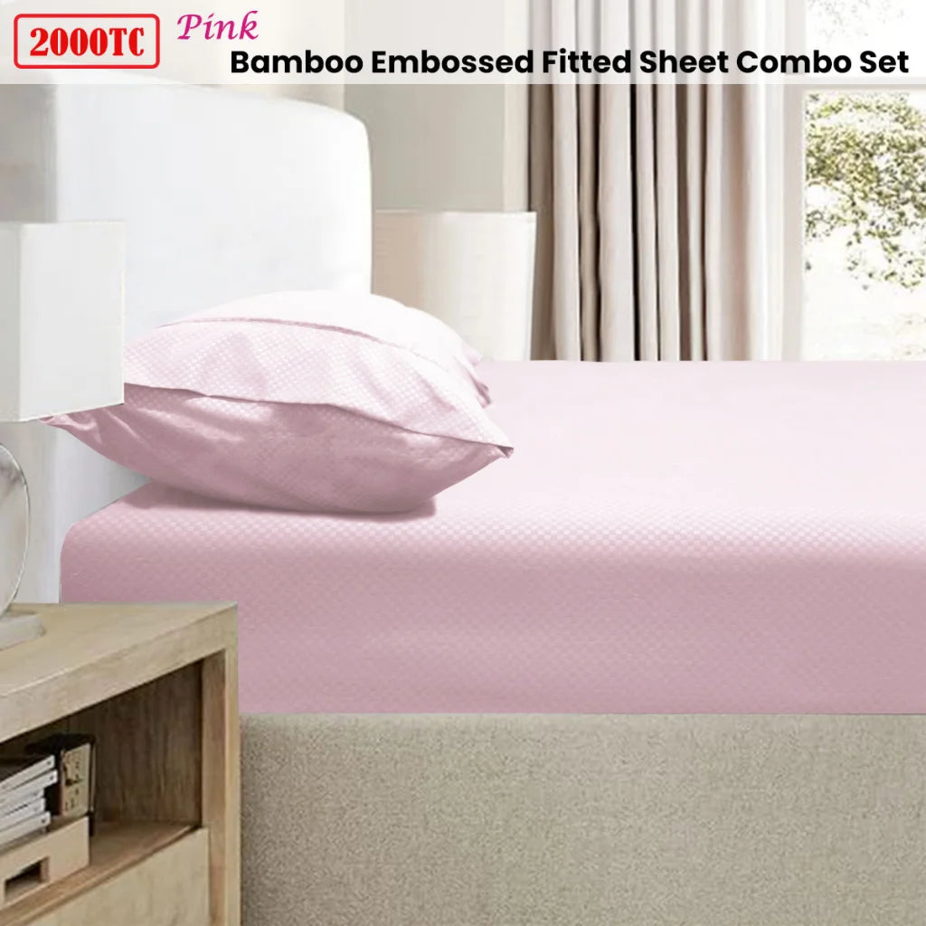 Ramesses 2000TC Bamboo Embossed Fitted Sheet Combo Set Pink