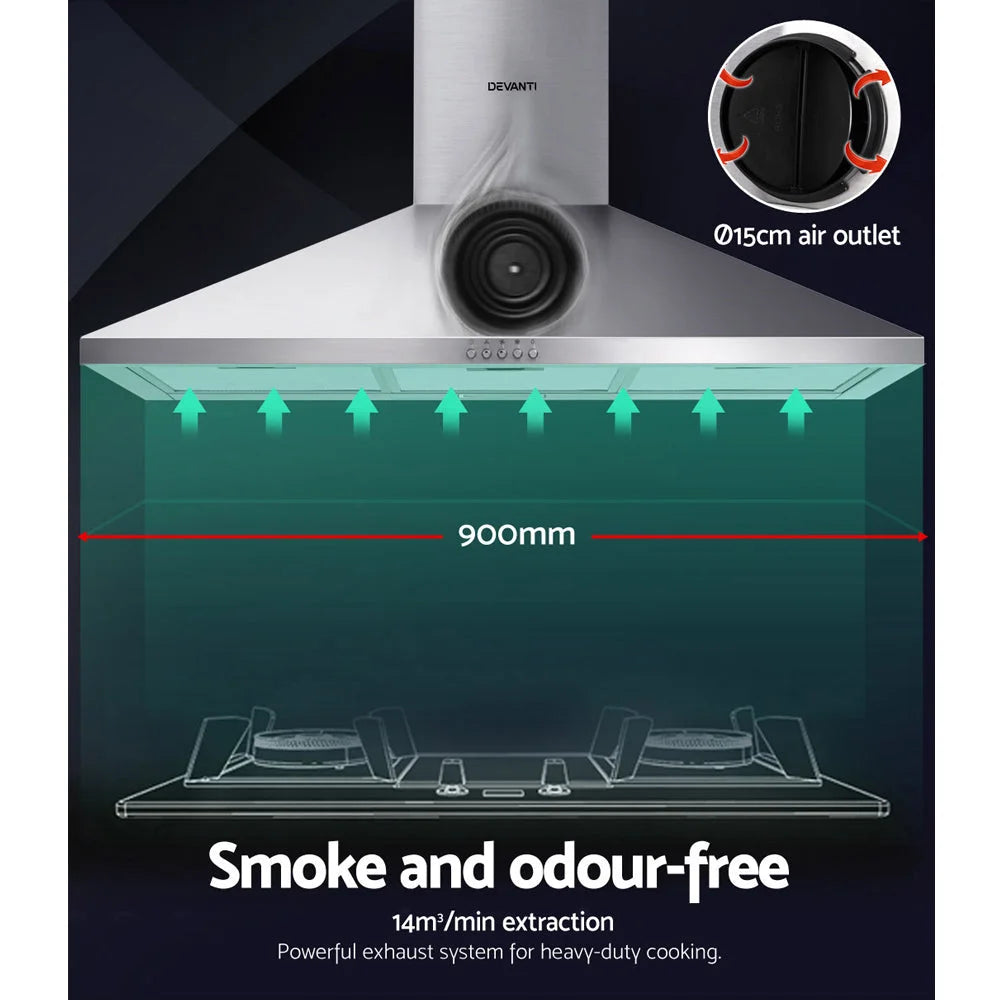 Range Hood 90cm 900mm Kitchen Canopy Stainless Steel Wall