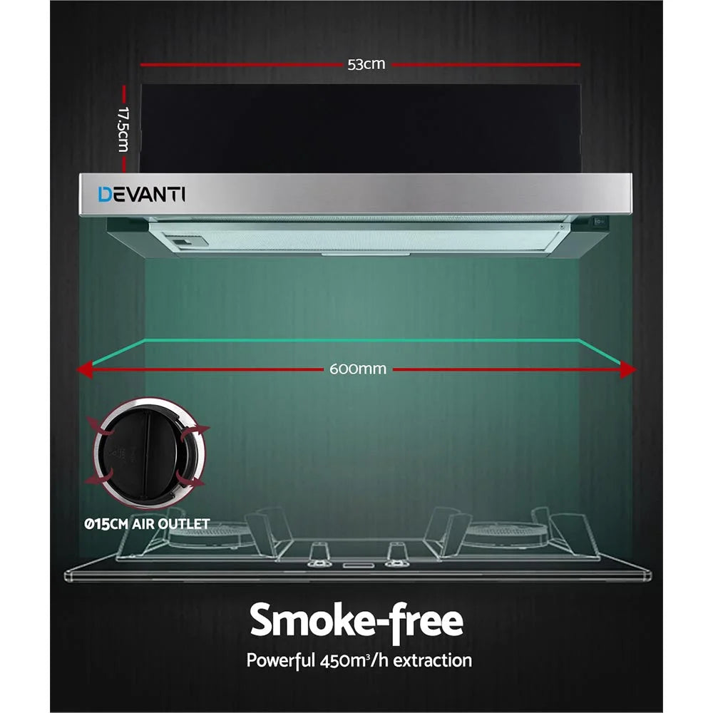 Range Hood Stainless Steel Slide Out Kitchen Canopy 60cm