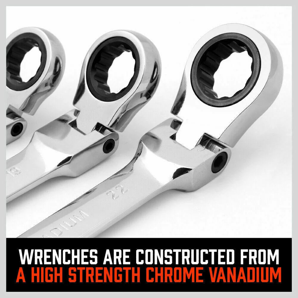 Ratchet Spanner Set 10Pc Flexible Head Metric Wrench CRV