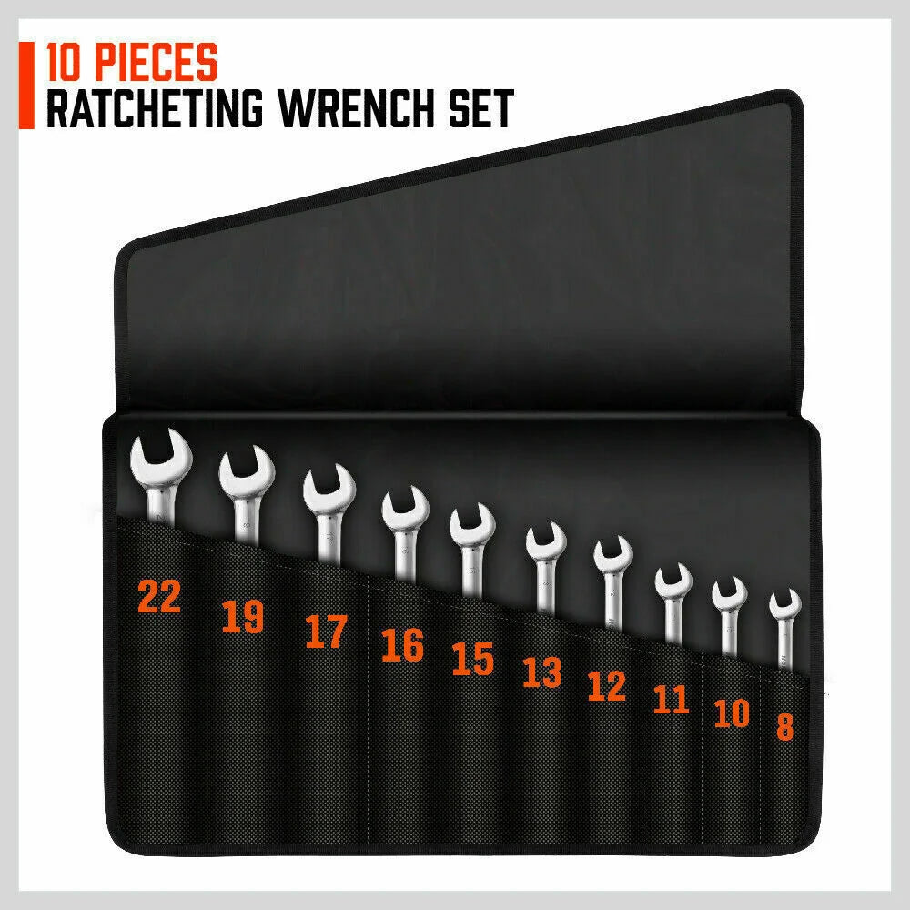 Ratchet Spanner Set 10Pc Flexible Head Metric Wrench CRV