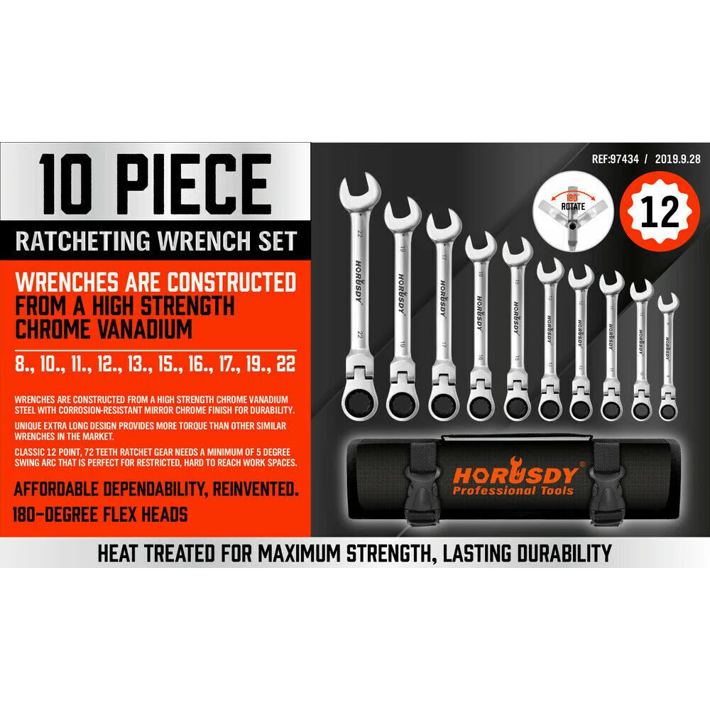 Ratchet Spanner Set 10Pc Flexible Head Metric Wrench CRV