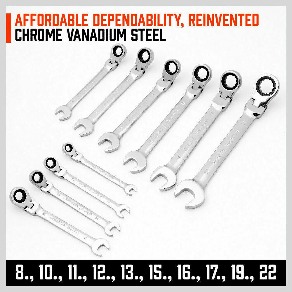 Ratchet Spanner Set 10Pc Flexible Head Metric Wrench CRV